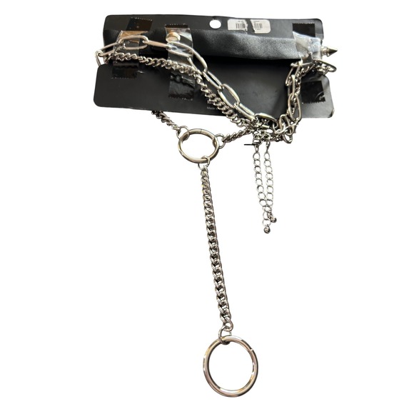 Punk Goth Layered Chain Choker Necklace Set Spiked Faux Leather O Ring Collar - Picture 2 of 3